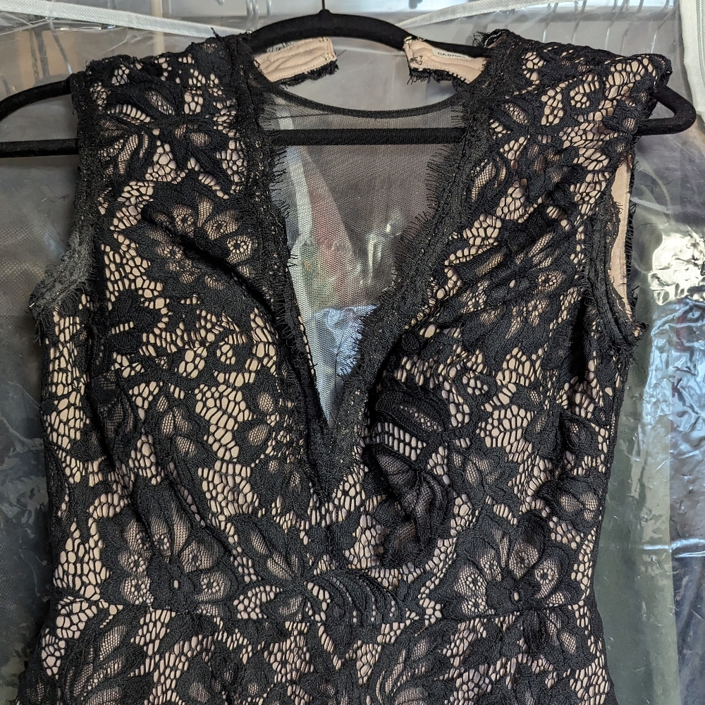 Deep V mesh with lace overlay, peplum A line dress